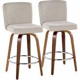 Henry 26" Swivel Counter Stool in Walnut Wood & Beige Fabric with Round Chrome Footrest (Set of 2)